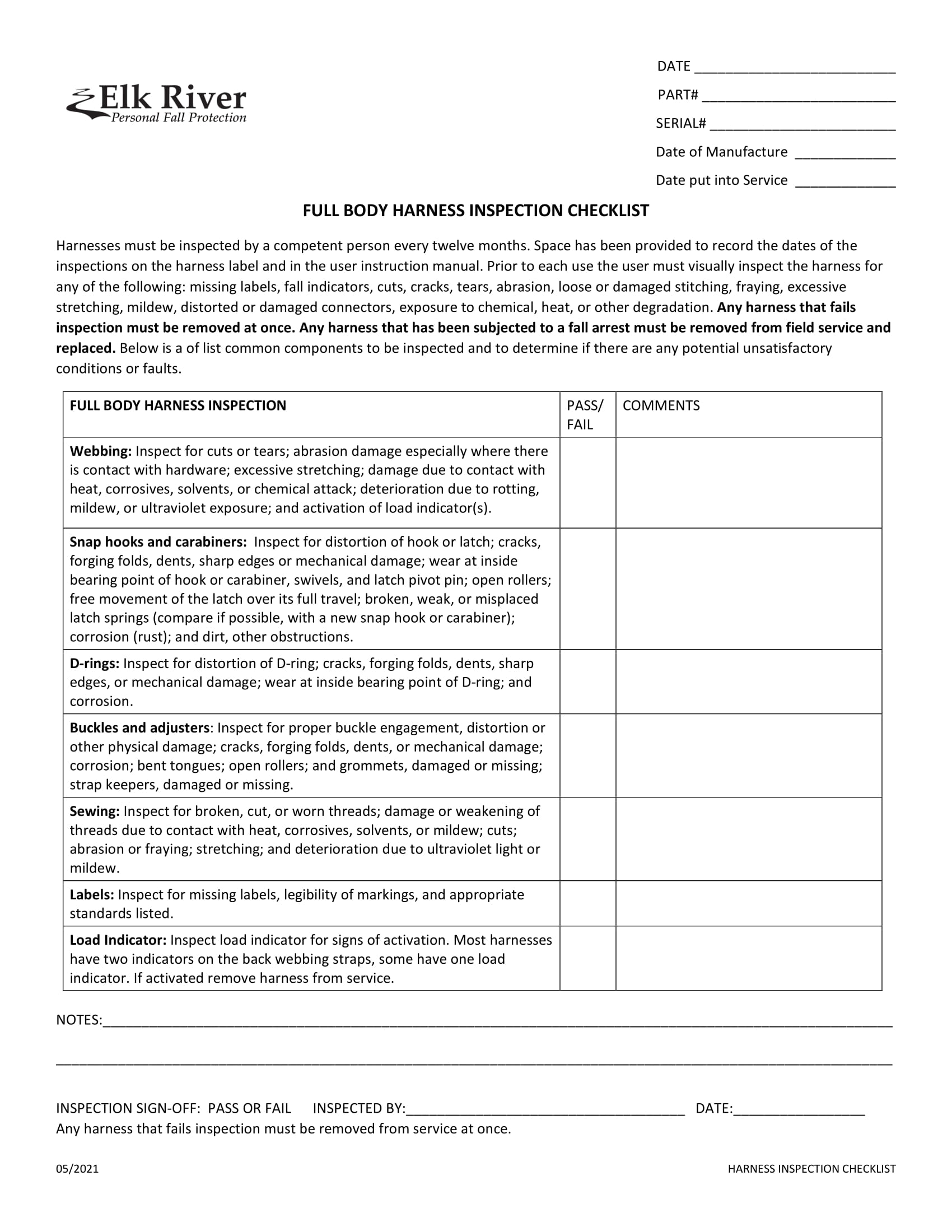 Body Harness Inspection Checklist Download Elk River Fall Protection